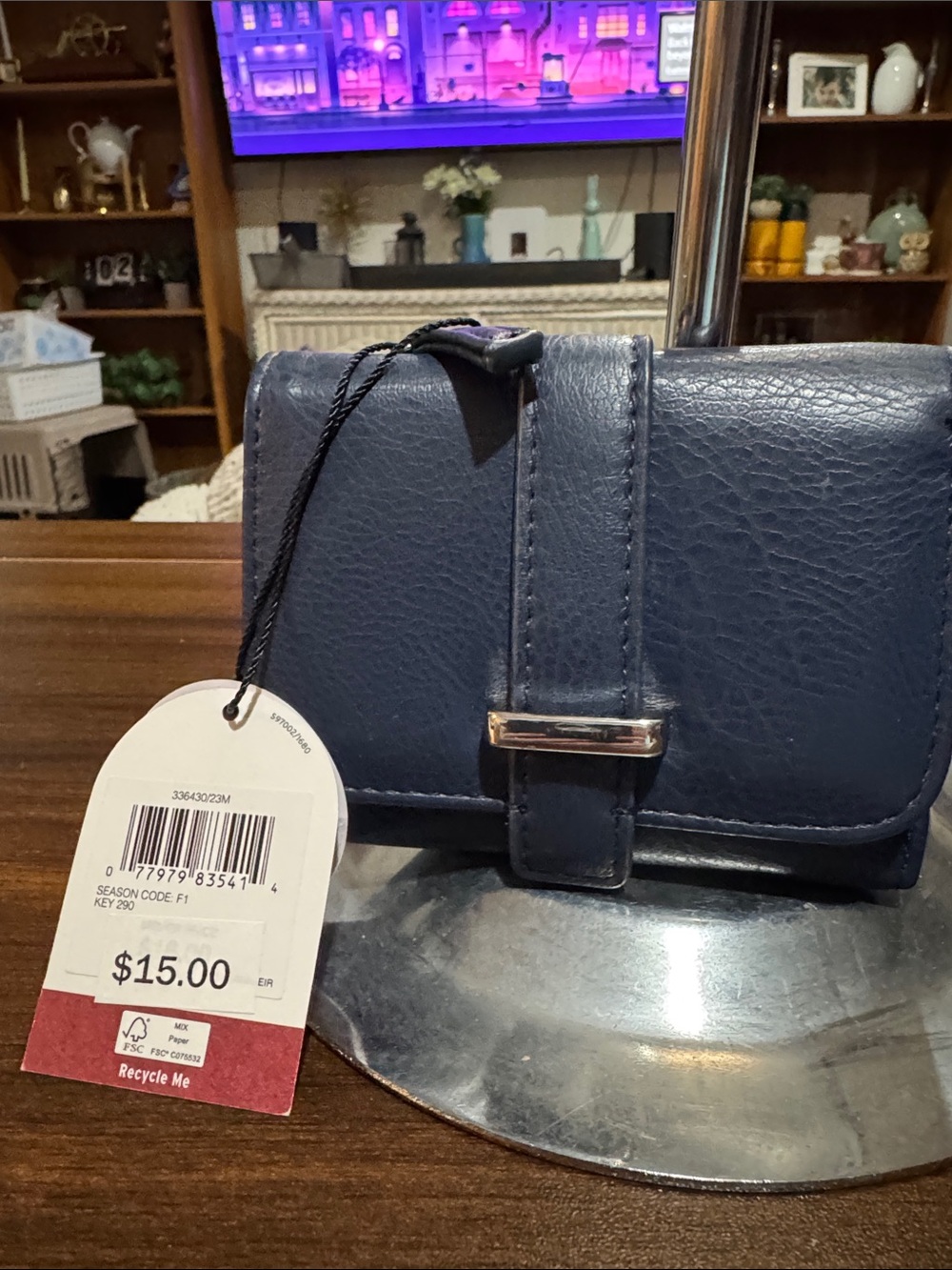 mundi Navy Leather tri fold Wallet with Silver Buckle